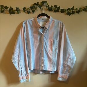American Eagle Outfitters Women's Oversized Cropped Striped Button Down Shirt